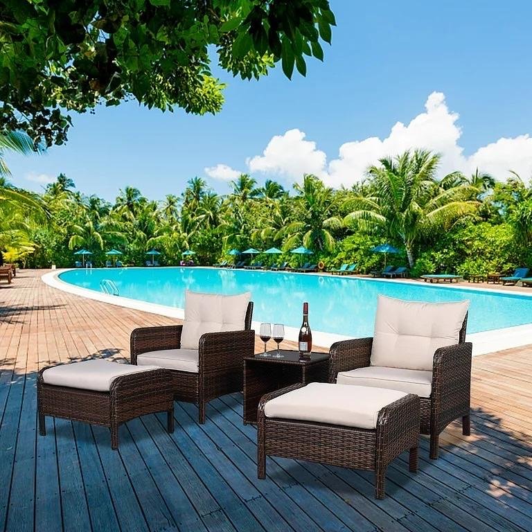 New Ktaxon 5-Piece Outdoor PE Wicker Furniture Set, Patio Resin Rattan Chairs and Ottomans Brown