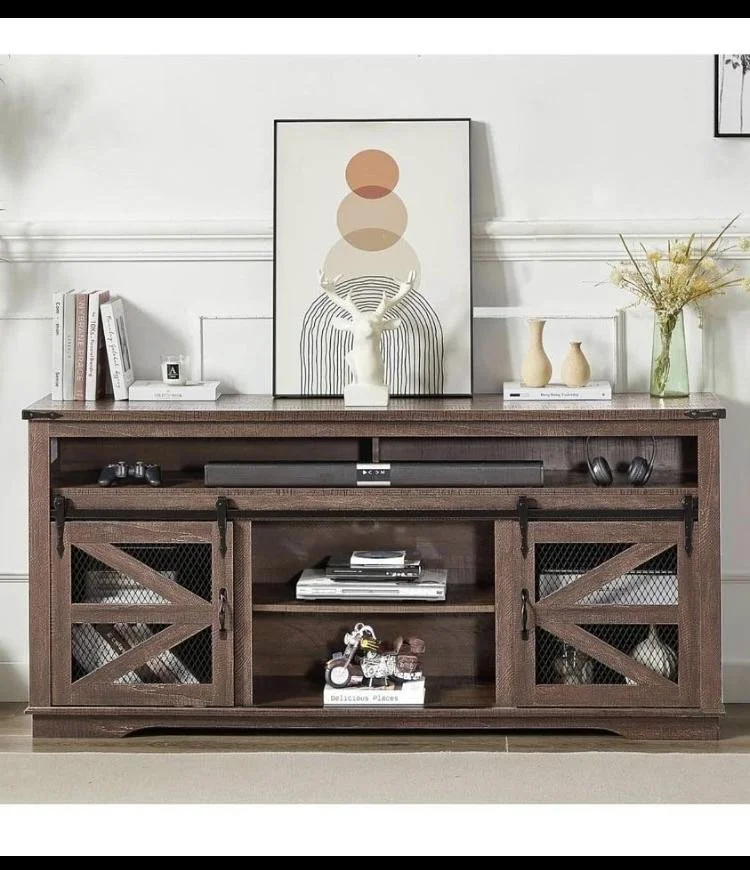 New 66" Farmhouse TV Stand for up to 75 inch TVs, Rustic Entertainment Center Media Console, Dark Rustic oak