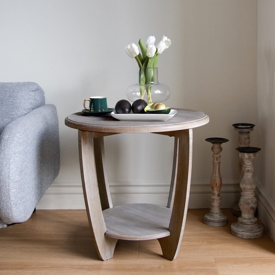 New Round Farmhouse End Table with Storage Shelf