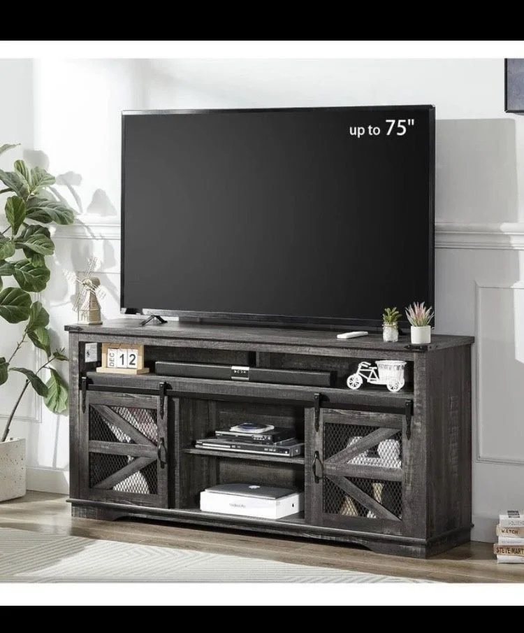 New 66" Farmhouse TV Stand for up to 75 inch TVs, Rustic Entertainment Center Media Console, Dark Rustic oak, Distressed Brown