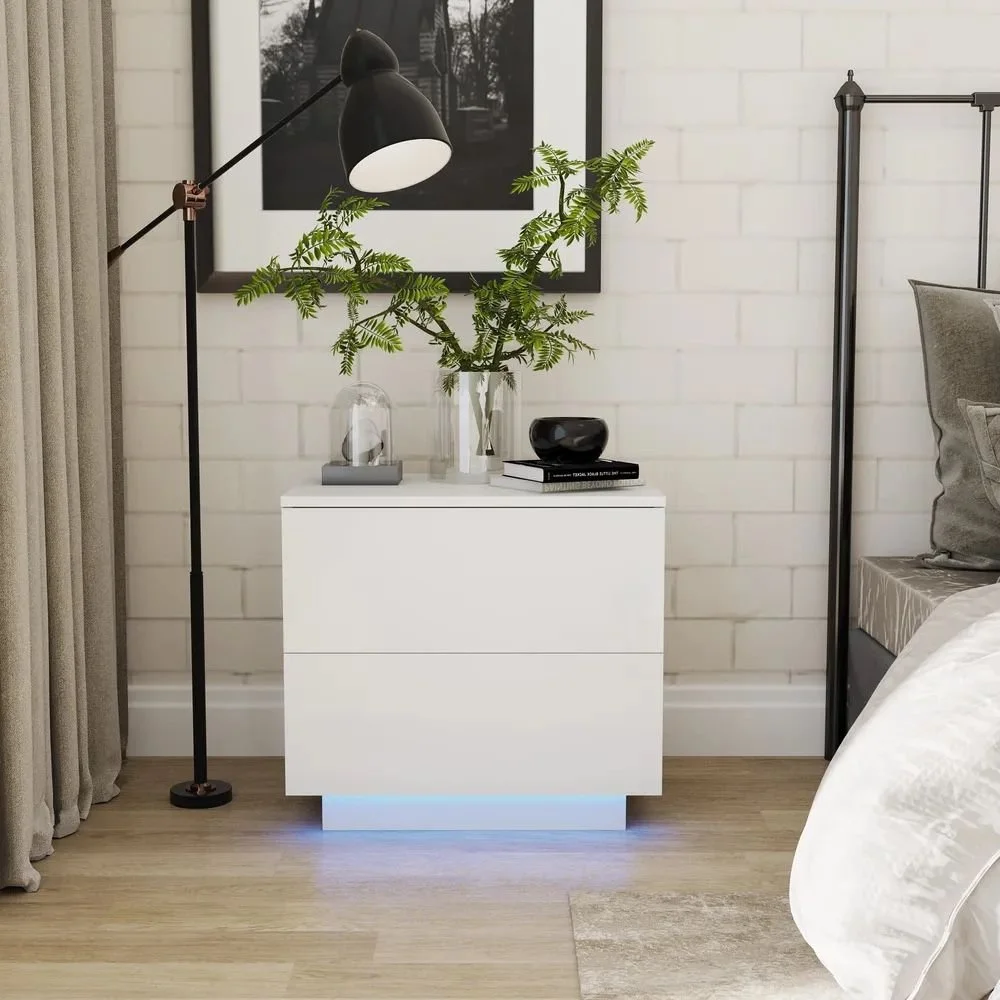 New set of 2 White Modern High Gloss UV Night Stand with LED Lights and 2 Drawers