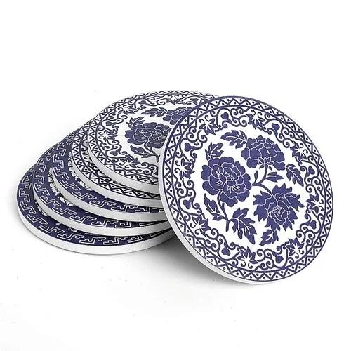 Drink Coasters with Thin Cork Bottom - Set of 6 Moisture Absorbing Ceramic Coasters - 4 in White and Blue