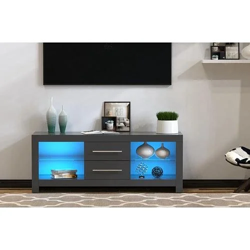 New 51” LED TV Stand Gray Media Console Cabinet 16 Color Lights LED Shelves with 2 Drawers