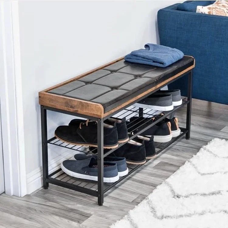 New Two Layer Shoe Bench PU Leather Padded Seat Top Metal Frame