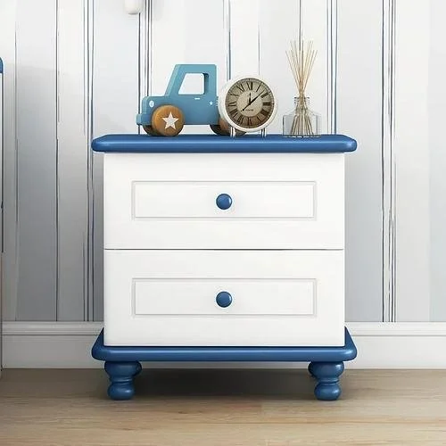 New Kids Wooden 2 Drawer White and Blue Nightstand