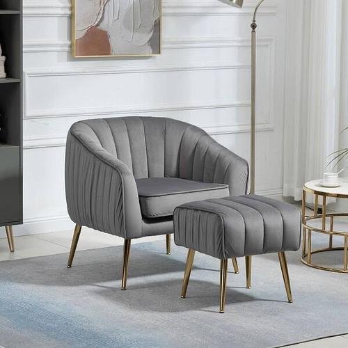 New Gray Modern Velvet Accent Barrel Chair with Ottoman