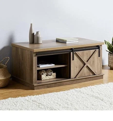 New ROCKPOINT Storage Cabinet Coffee Table with Sliding Barn Door,Dark Oak