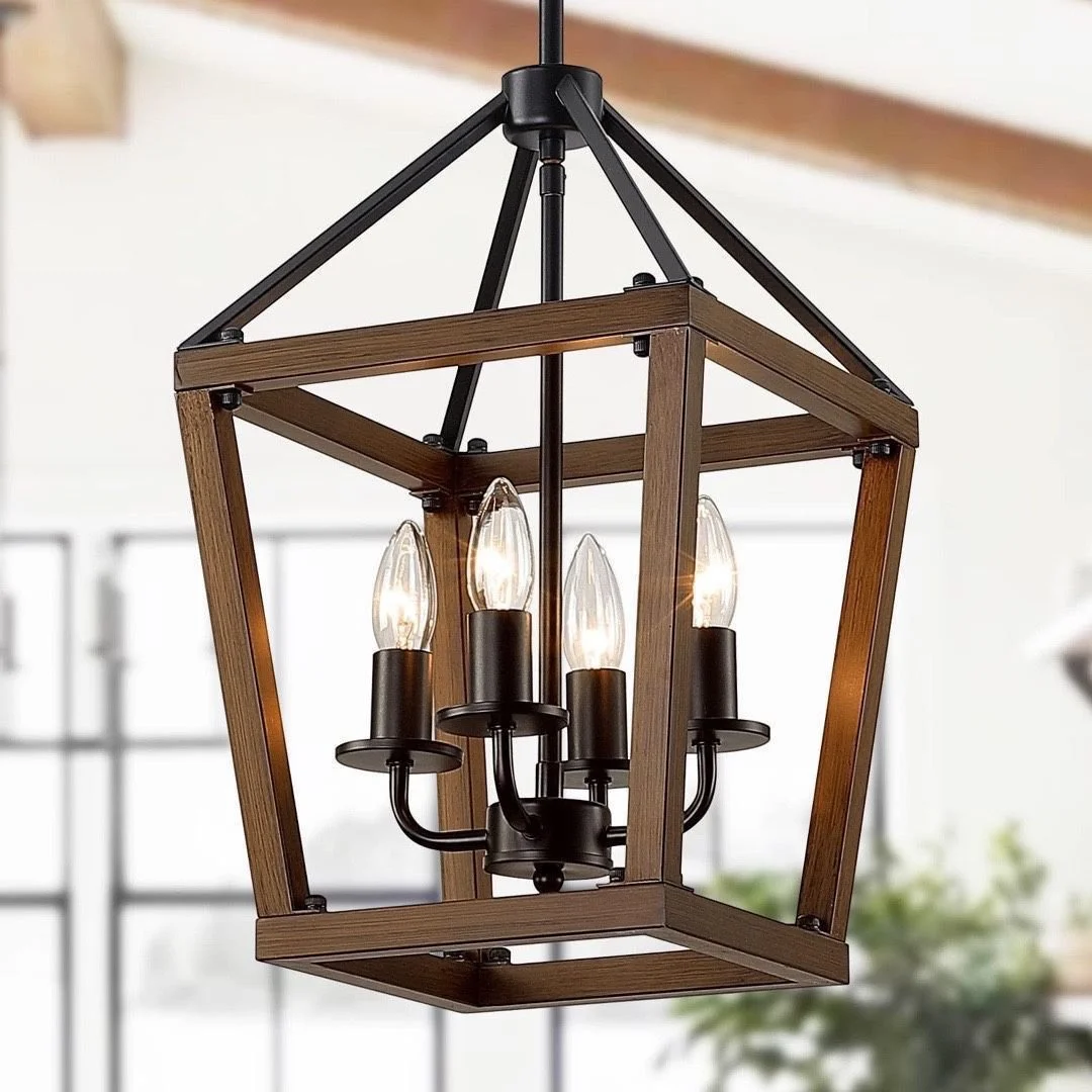 New Linsly Rustic Chandelier,4-Light Farmhouse Imitation Oak Wood Pendant Light Fixture,