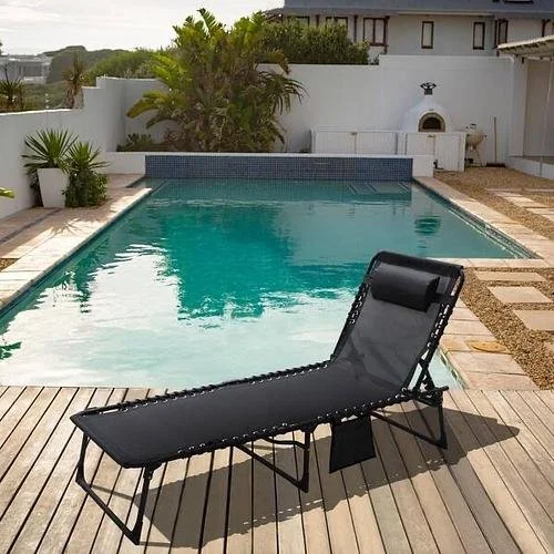 New Outdoor Folding Lounge Chair Fully Flat for Beach with Pillow and Side Pocket Black