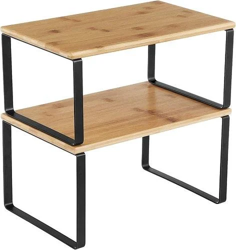 Cabinet Organizer Shelf Set of 2 Kitchen Counter Shelves Storage Metal Wood Black Natural