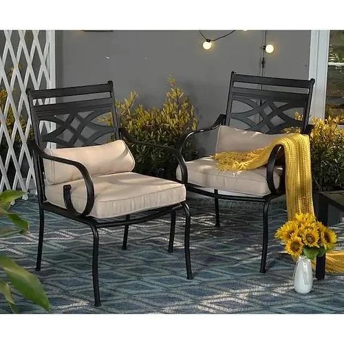 New Black Stationary Arm Metal Outdoor Dining Chair with Beige Cushions (2-Pack)