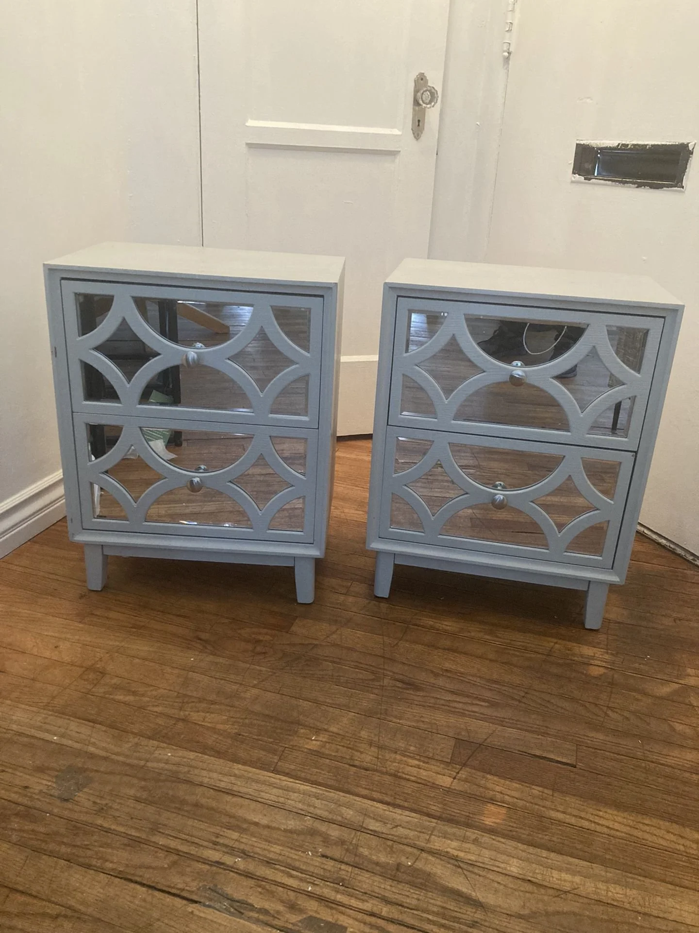 New Set of 2 Contemporary Mirror Front Nightstand, Modern, Light Blue Grey (see Pics And Description)