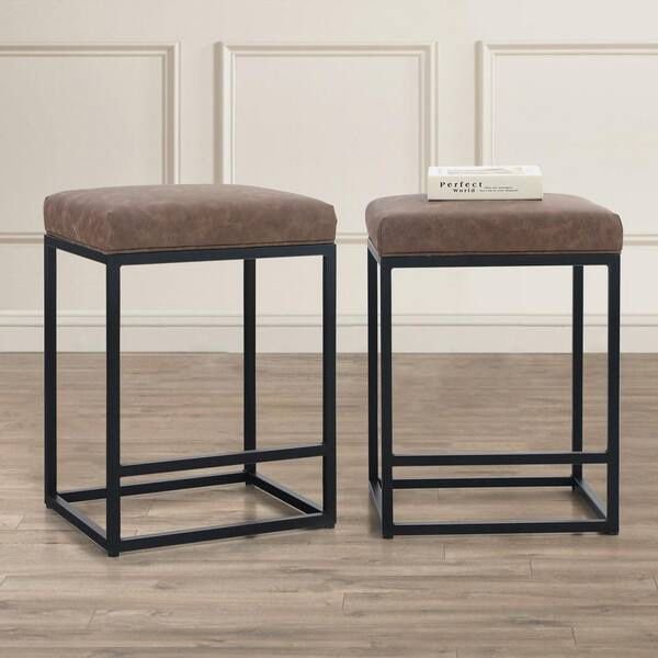 New Set of 4 Brown 24 in Square PU Leather Bar Stool with Sturdy Metal Frame