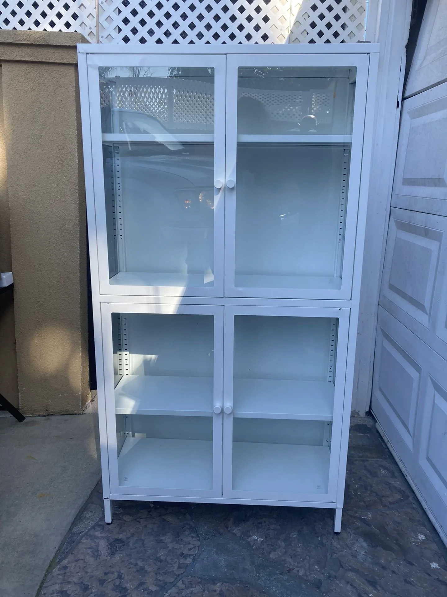 Like New White Modern Kitchen Storage Cabinet with Four Glass Doors And Adjustable Shelves