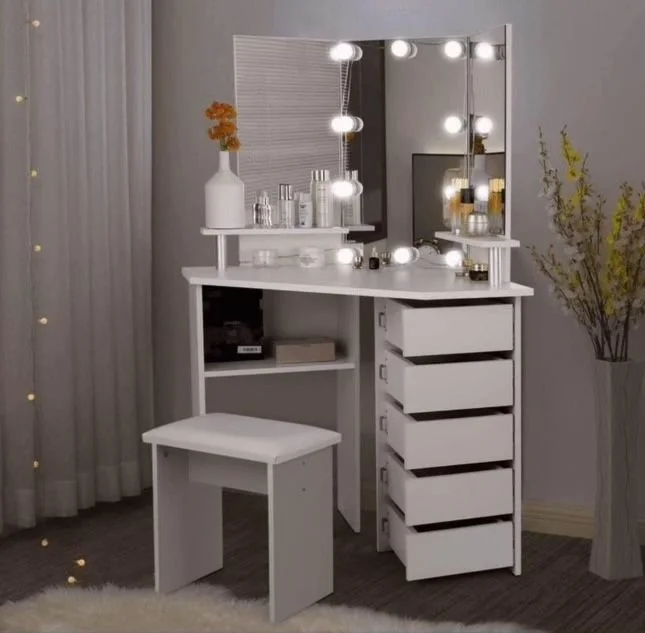 New white Corner Vanity Desk With Lights