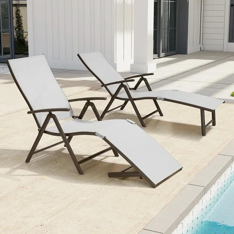 2PCS Light Gray Outdoor Chaise Lounge Chairs Aluminum Folding Recliners
