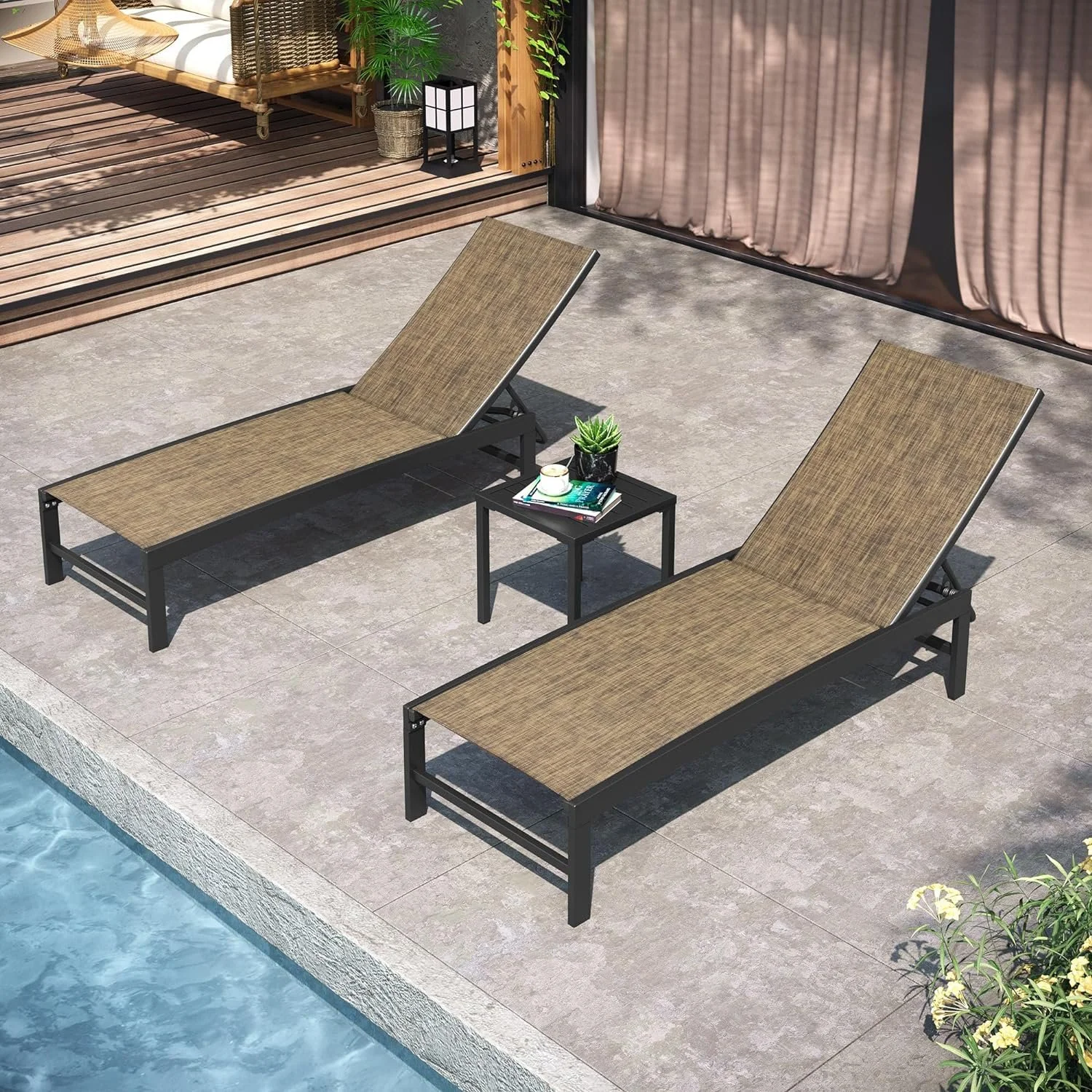 2PC New Set of 2 Dark Brown Aluminum Frame Stationary Chaise Lounge Chair with Brown Mesh Seat