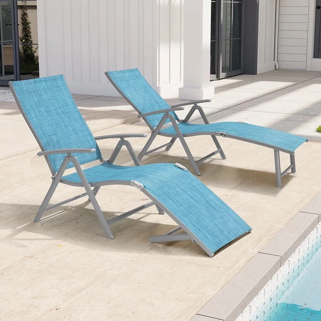 Set of 2 Outdoor Chaise Lounge Aluminum Patio Folding Chairs Blue