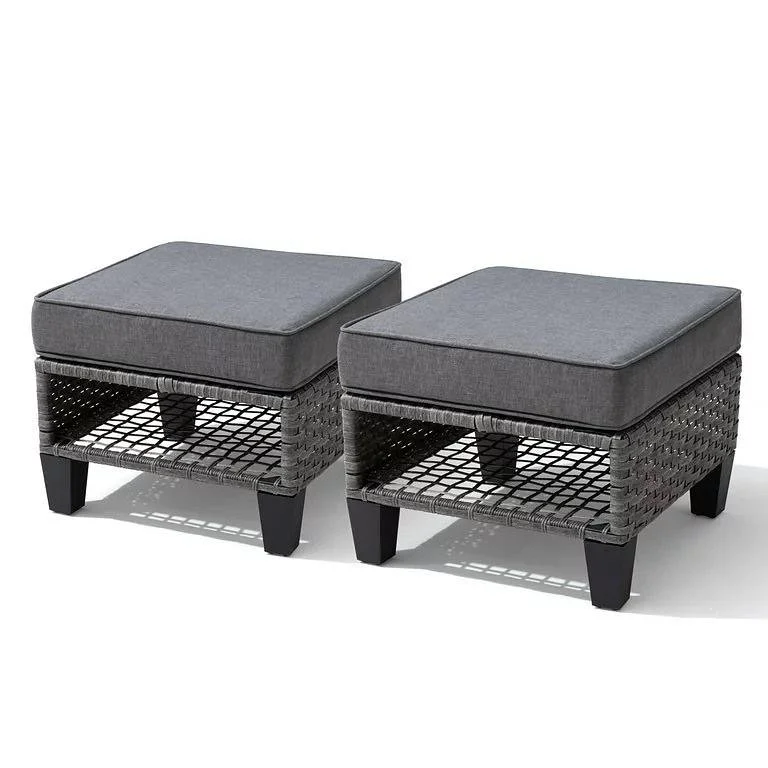 2 PCS Outdoor Patio Wicker Ottoman Indoor Rattan Footrest Seat with Cushions Gray