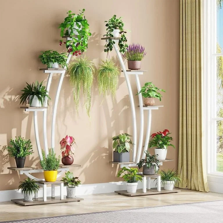 New 6-Tier Plant Stand Pack of 2, Metal Curved Display Shelf with 2 Hanging Hooks