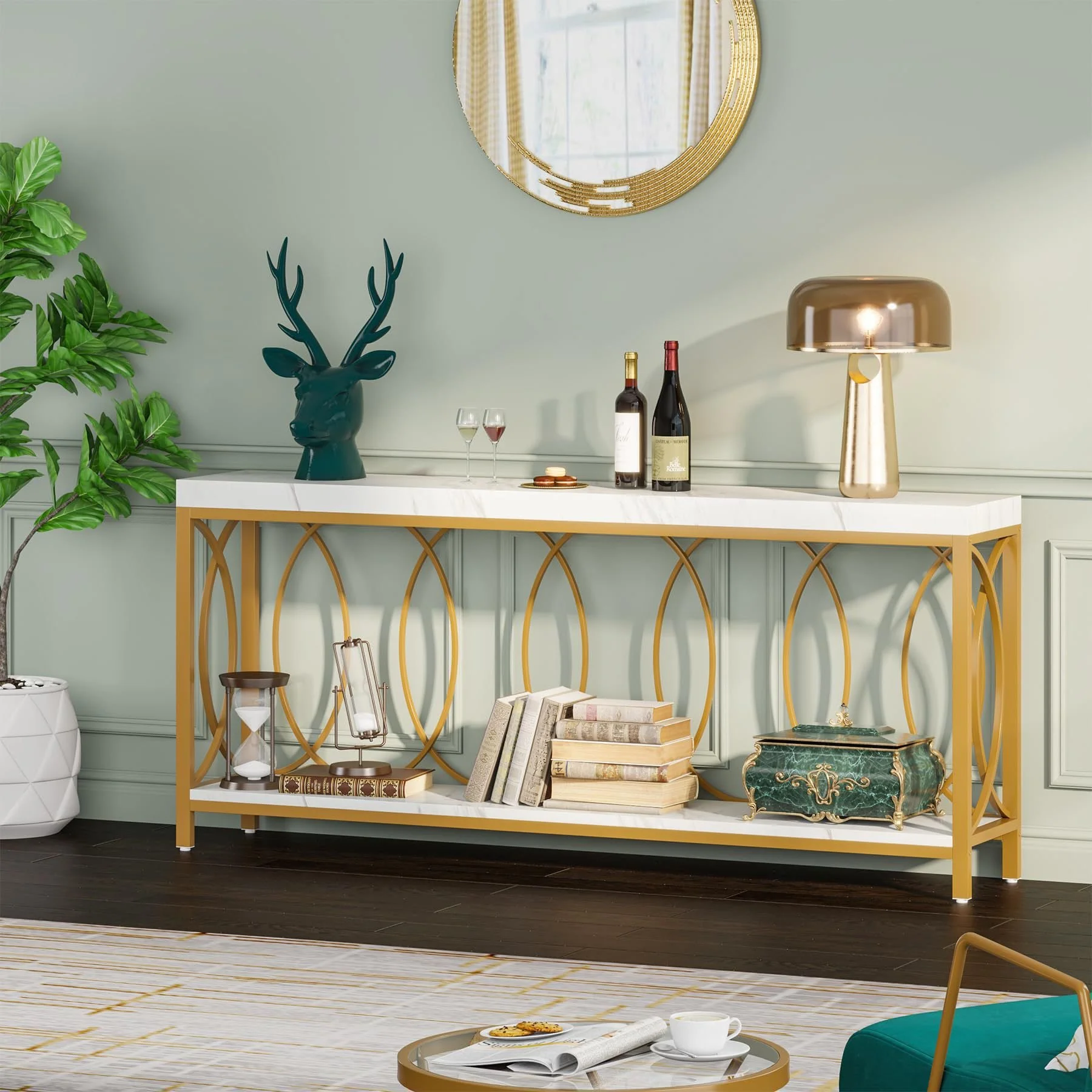 New 71" Console Table/ Faux Marble Sofa Table with Storage Shelves, White and Gold