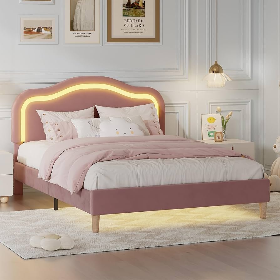Pink Velvet Queen Size Bed Frame with LED Lights