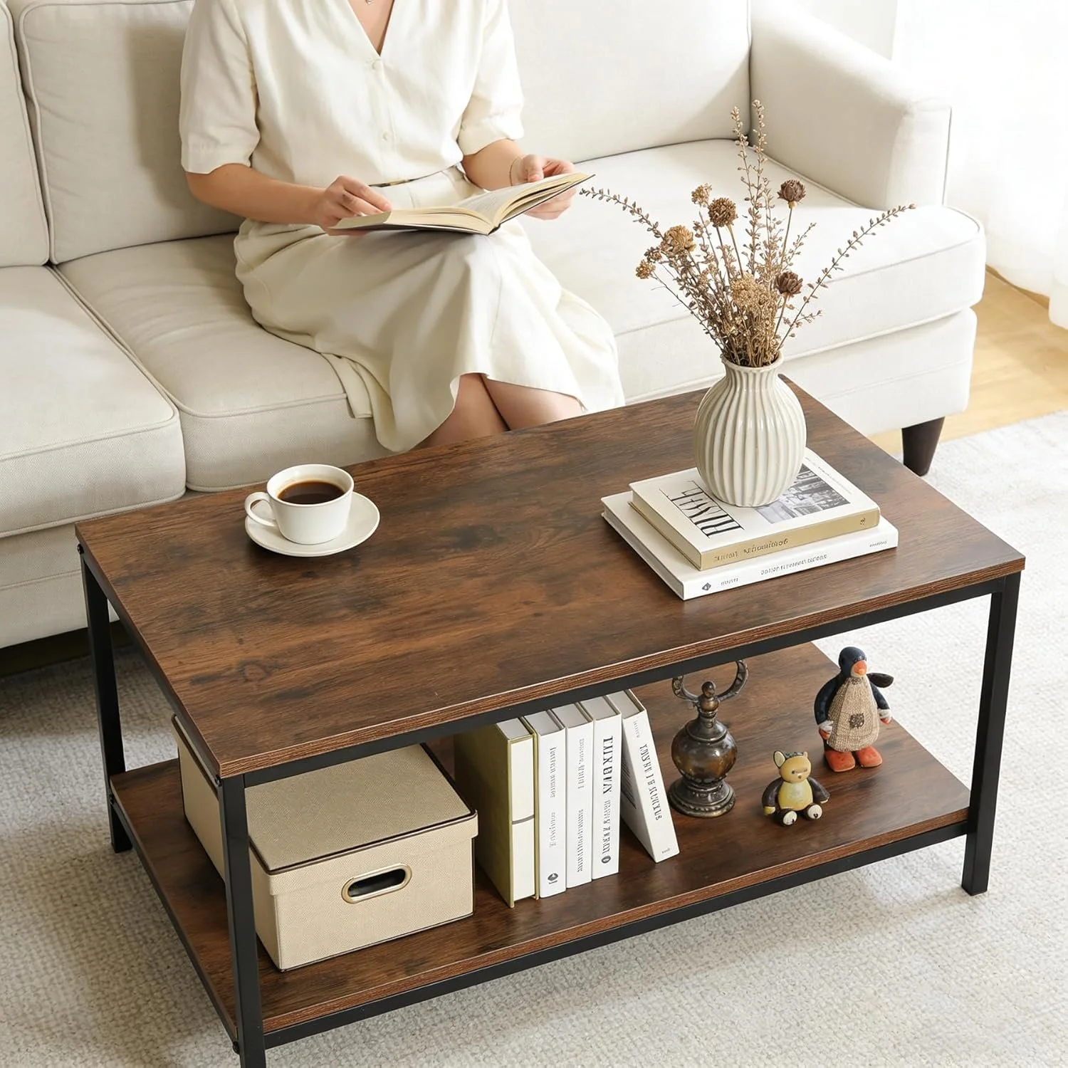 2-Tier, Rustic Brown Industrial Coffee Table Storage Shelf Vintage