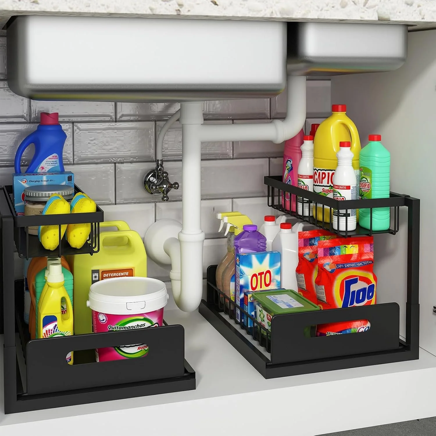Black 2 Pack Under Sink Organizer and Storage, Pull Out Cabinet Organizer Slide Out