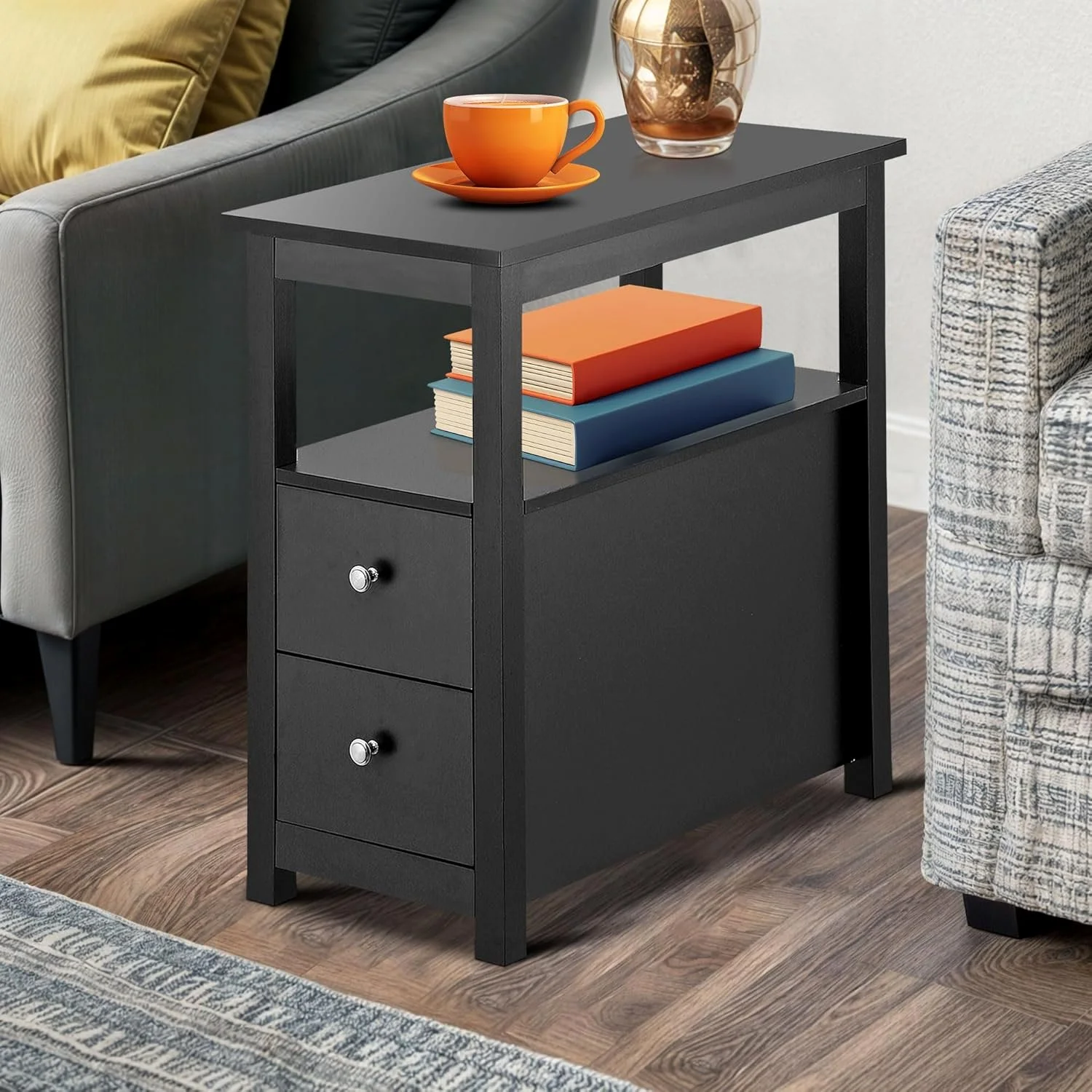 Single Black End Table with Drawers 3 Tier Narrow Side Table