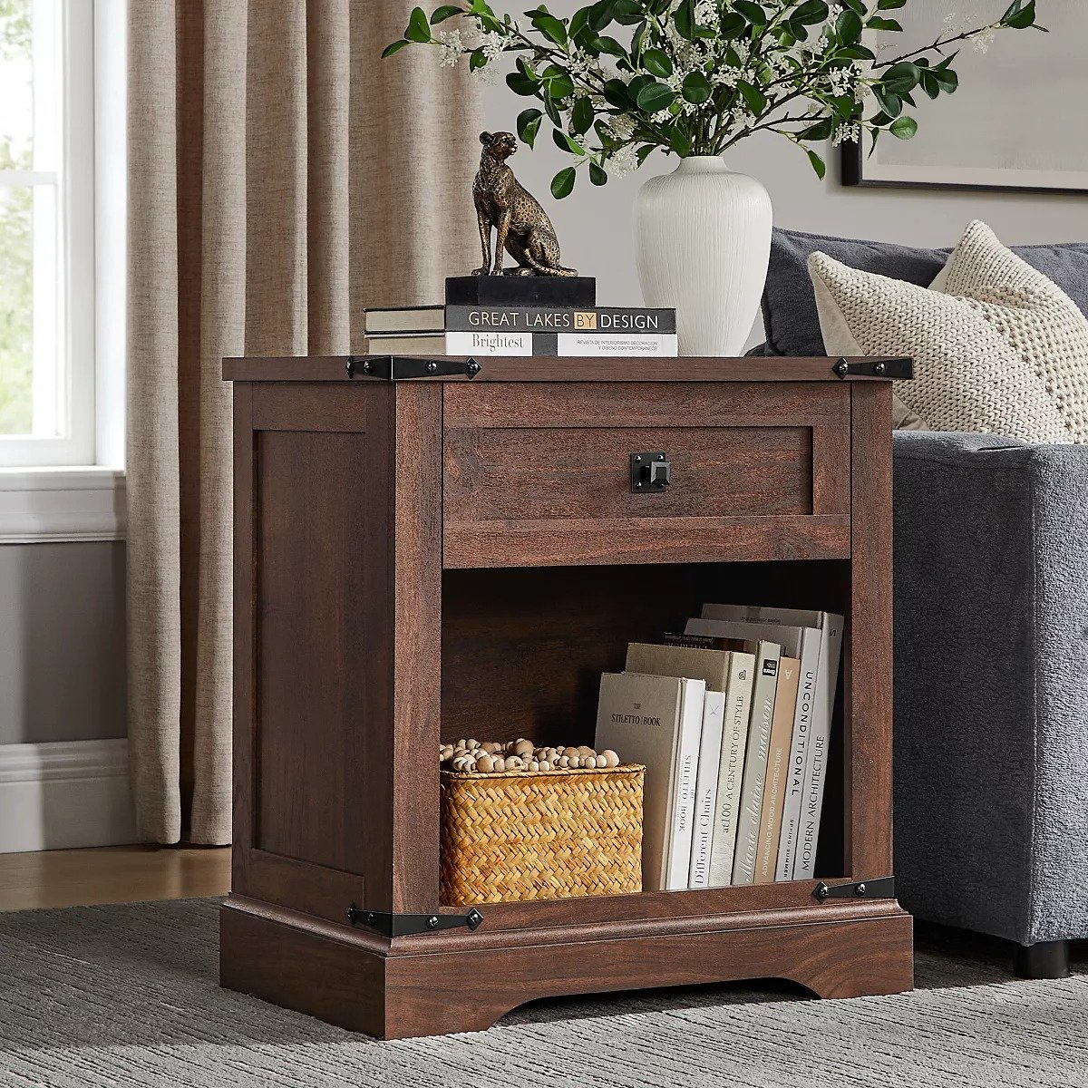 Dark Brown Single Nightstand with Charging Station