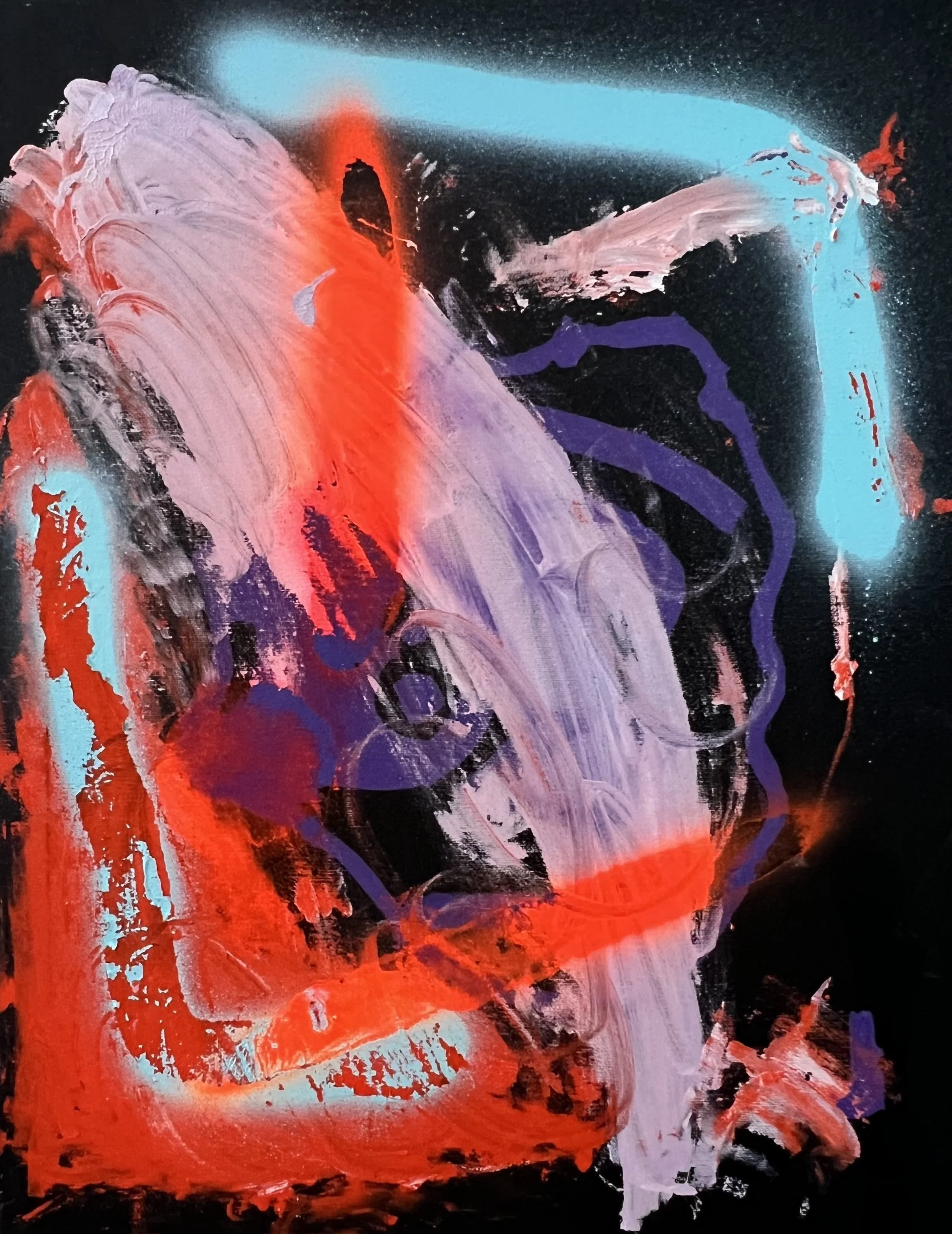 Abstract painting with bold strokes of red, purple, light blue, and black on a dark background.