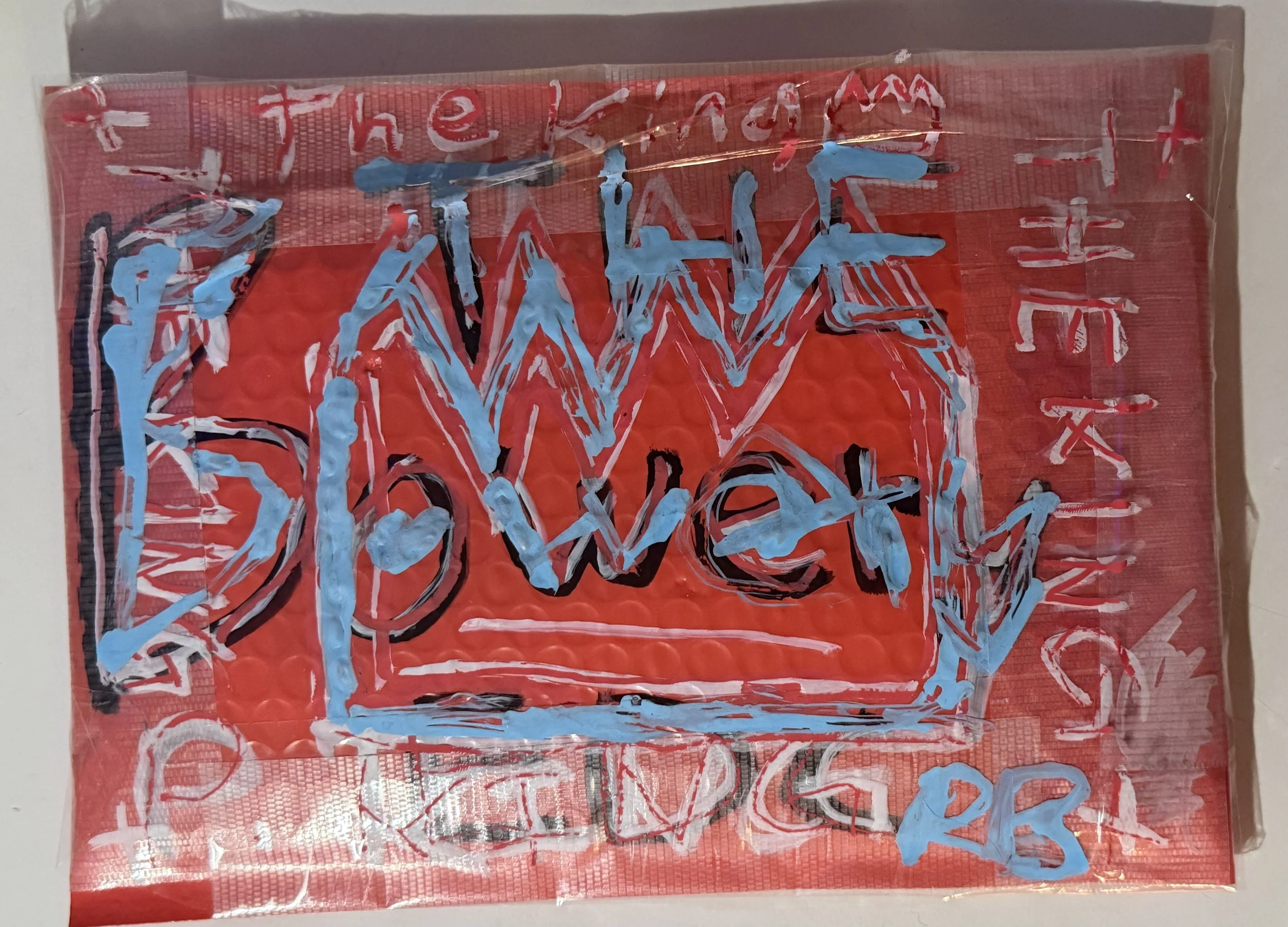 Abstract painting on red textured paper with white and blue paint strokes and black outlines.