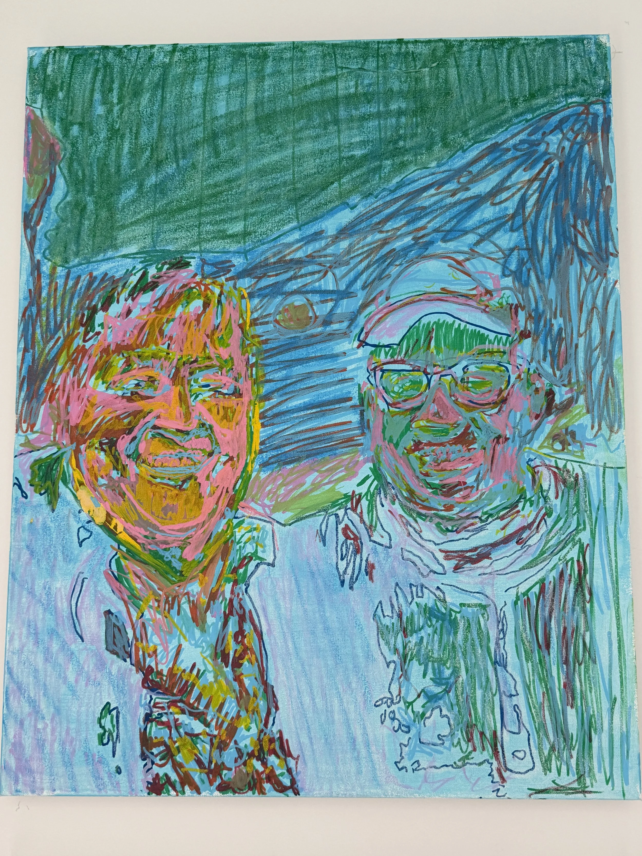 Colorful, abstract drawing of two faces, one with glasses and the other with an afro hairstyle, against a multicolored background.