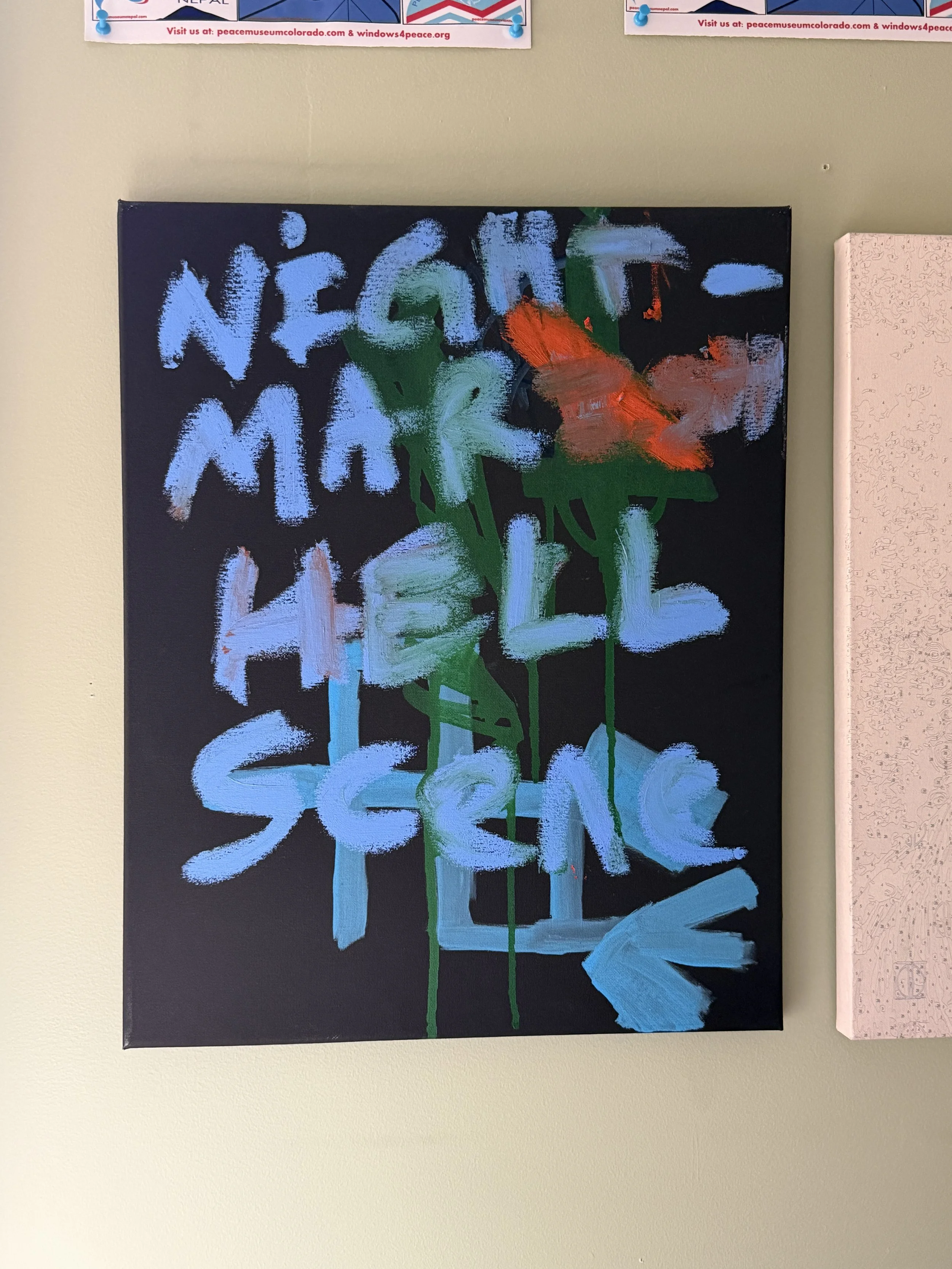 Abstract painting with blue, green, and orange brush strokes on a black canvas, with some text that appears to spell 'NEON' and 'MUSEE' in blue and white.