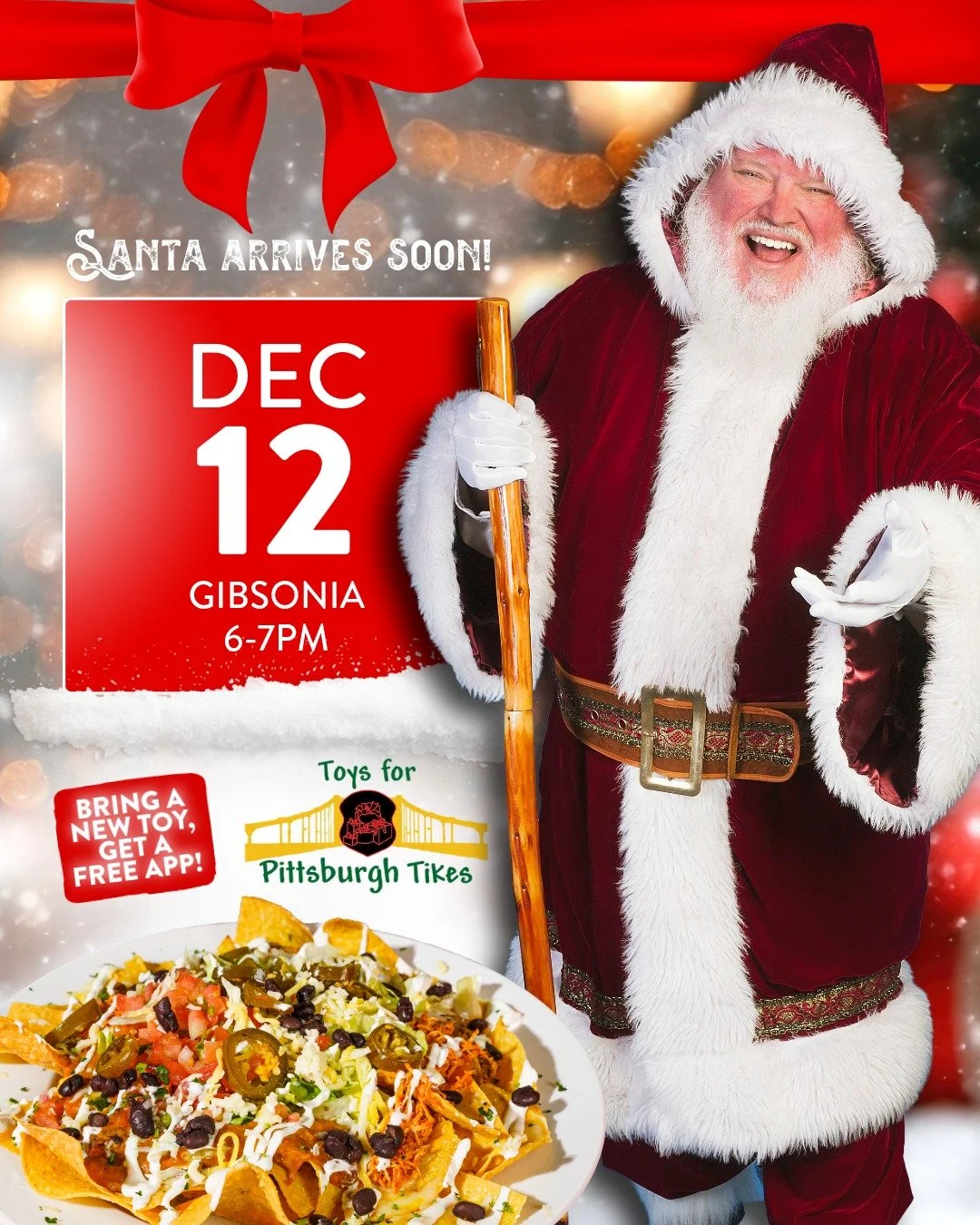 Santa is pulling up to Gibsonia in the @toysforpittsburghtikes Limo this Friday, December 12 from 6-7PM!

Share the joy of Christmas with children in our local communities! 🎅✨