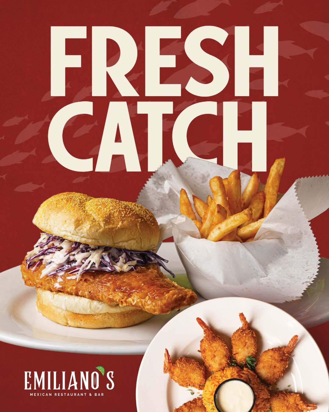 Lent favorites are back at Emiliano's, featuring our fresh fish sandwich plus boatloads more 😋🎣