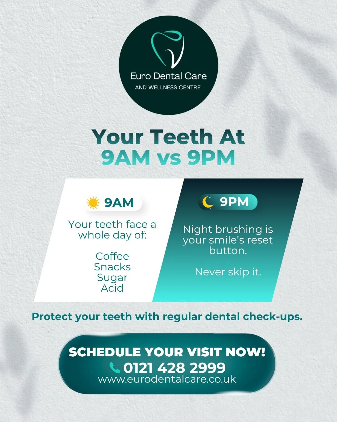 🌞 Your Teeth at 9AM vs 🌙 9PM

Your smile goes through a lot during the day. From coffee and snacks to sugar and acidic foods, your teeth face constant exposure that can lead to plaque build-up.

That&rsquo;s why night brushing is your smile&rsquo;s