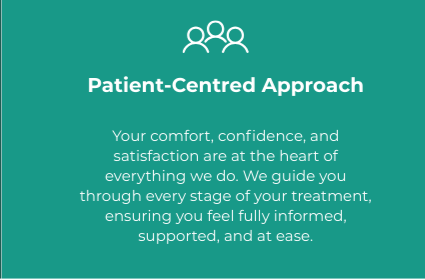 Graphic with icon of three people, title 'Patient-Centred Approach', and text about providing comfort, confidence, and support during treatment.