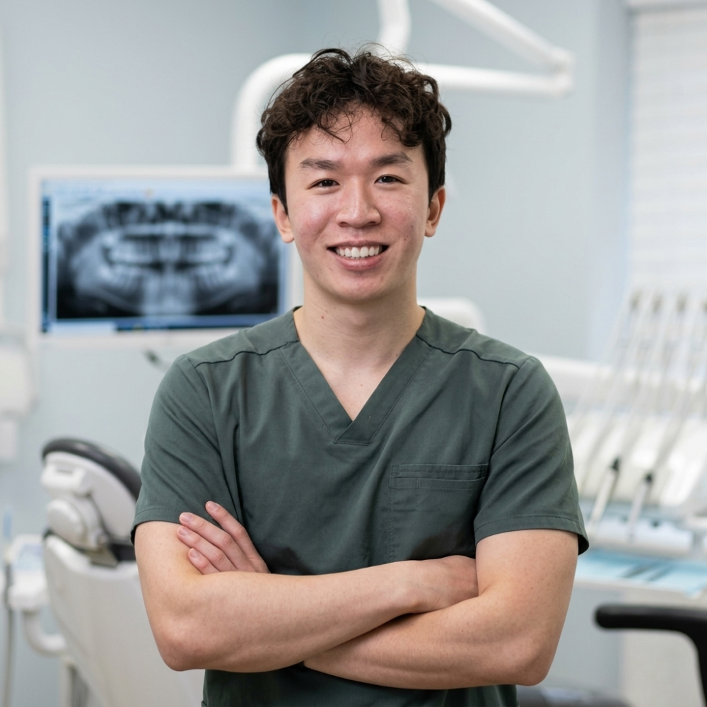 A young male dentist in scrubs standing in a dental office with arms crossed, smiling. Dental equipment and a computer displaying a dental X-ray are visible in the background.