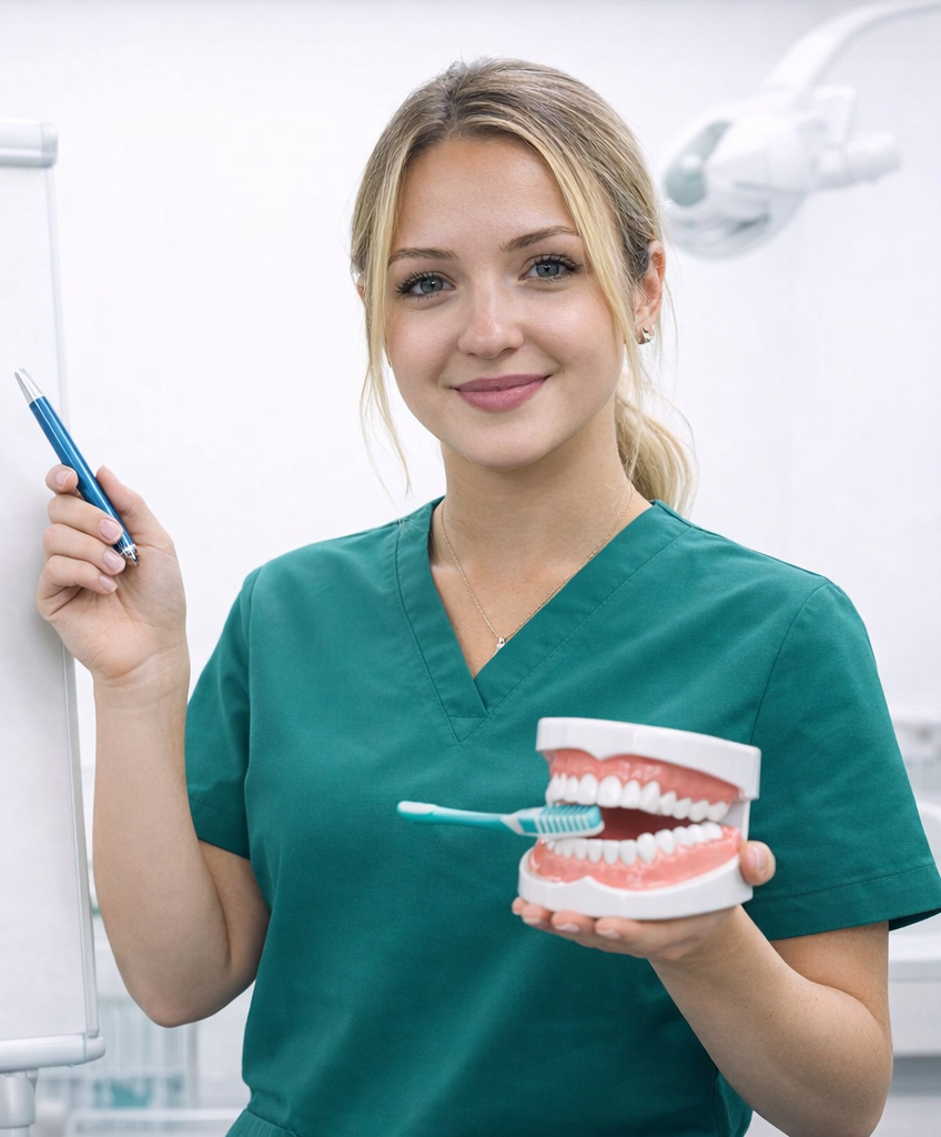 A woman in a teal scrubs holding a toothbrush near a dental model of teeth and gums, standing in a dental clinic.