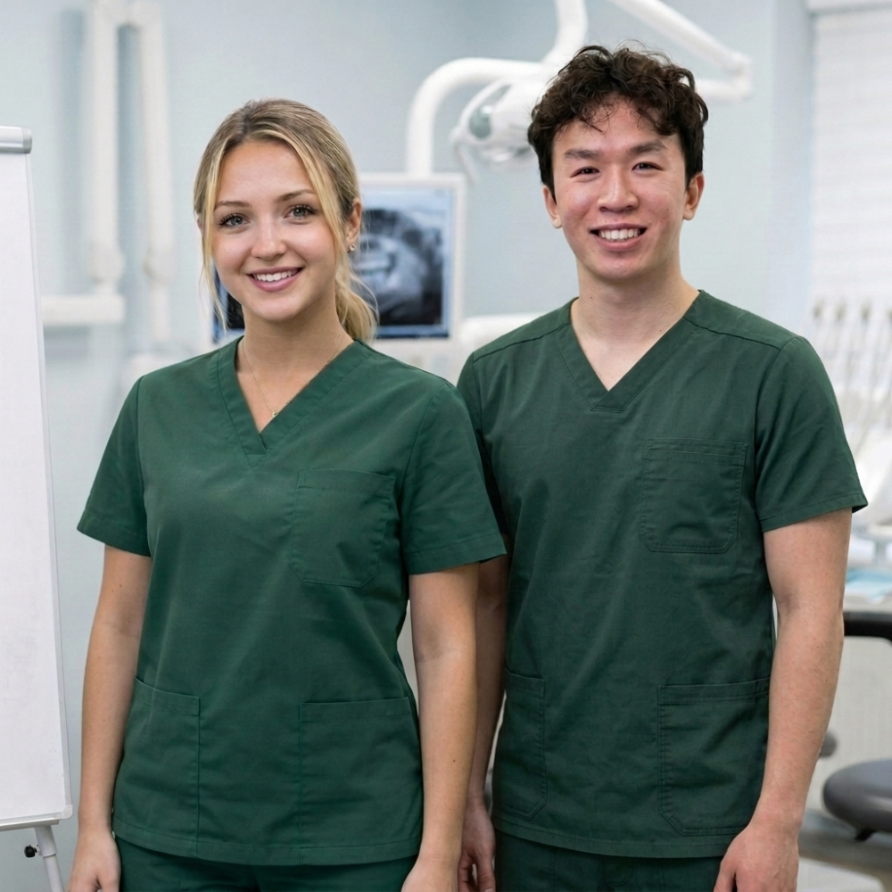 Two young healthcare professionals, a woman and a man, standing in a medical or dental clinic, both wearing green scrubs and smiling at the camera.