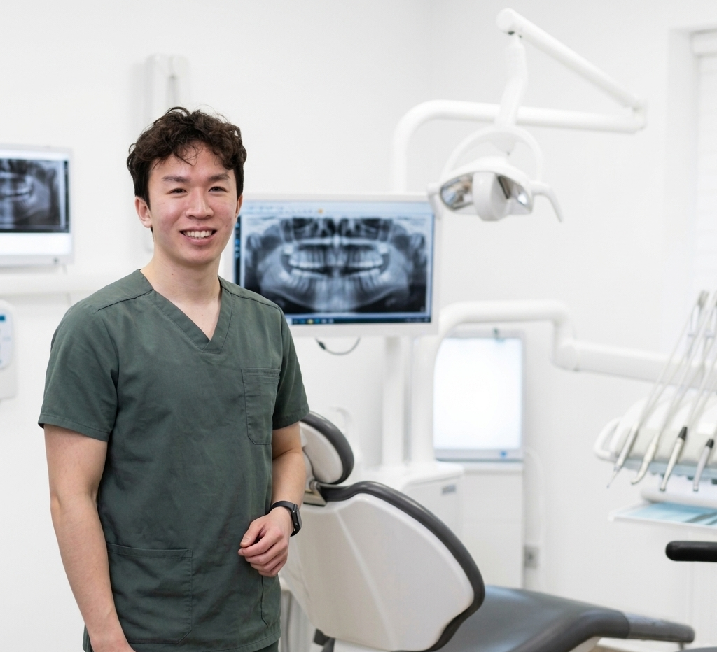 A young male dentist in green scrubs standing in a dental clinic with dental equipment and a computer monitor displaying a dental X-ray.