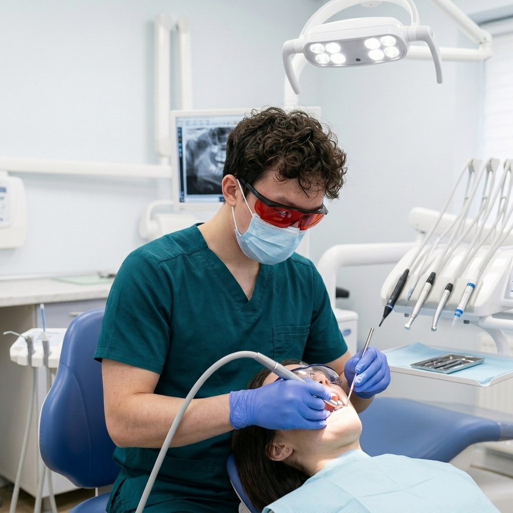 A dentist in a medical mask, gloves, and protective eyewear carefully works on a patient's mouth in a dental clinic with dental tools and equipment.