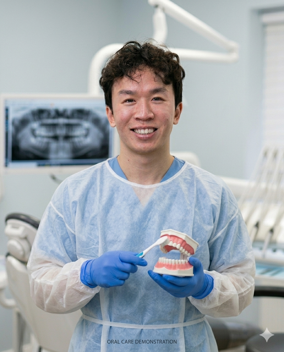 A dentist in medical scrubs and blue gloves holding a large dental model and toothbrush, demonstrating oral care in a dental clinic.