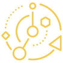 A gold-colored abstract geometric design featuring circles, lines, hexagons, and triangles.