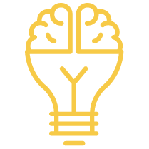 A gold outline of a light bulb with a brain inside it, symbolizing idea or innovation.