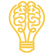 Gold-colored light bulb with a brain design inside.