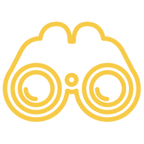 A stylized icon of binoculars in gold outline on a black background.