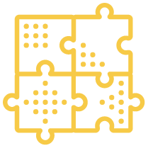 Gold outline of four interconnected puzzle pieces with dotted patterns inside each piece.
