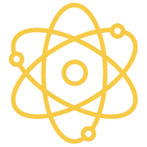Yellow atom symbol with orbiting electrons on black background